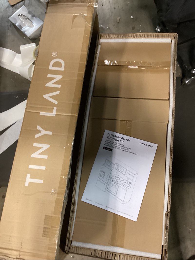 Condition photo showing New/Like New for Tiny Land Play Kitchen for Kids, Upgraded Wooden Kitchen Toy with Complete Play Areas, Pretend Cooking Set with Sink, Stove, Microwave, Toy Coffee Station & Storage for Kids Ages 3+