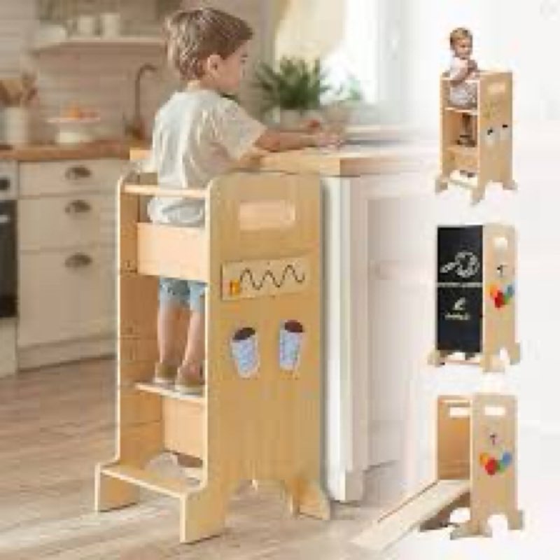 Toddler Tower 4-in-1 Multifunctional Kitchen Stool Helper with Removable Safety Board, Adjustable He