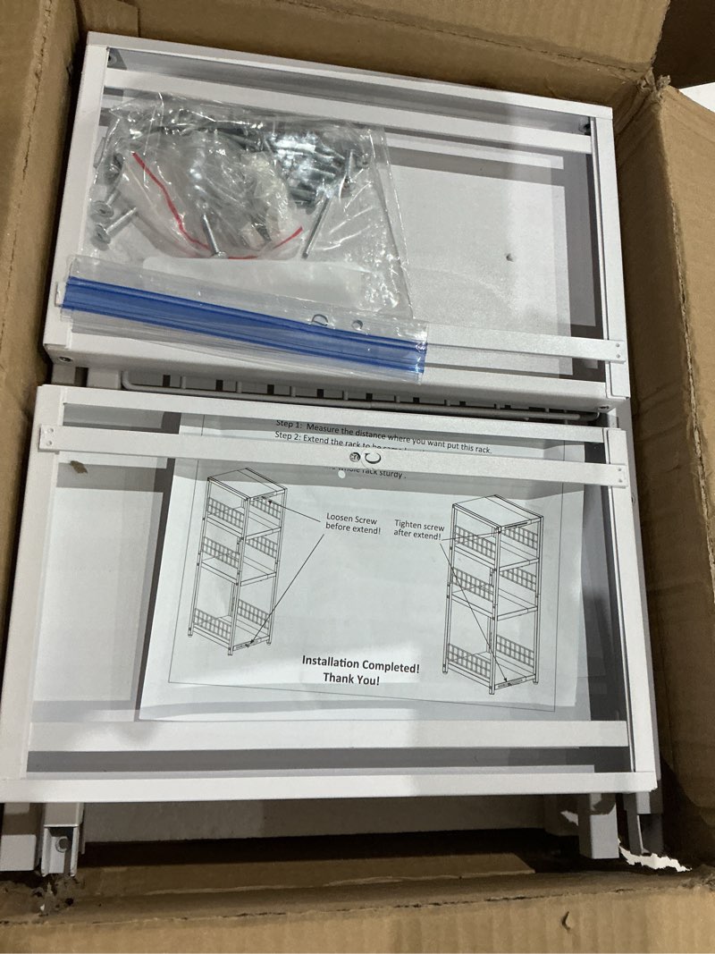 Condition photo showing Good Condition for 4 tier expandable slim storage shelf, metal shelving unit for bathroom storage organizer, freestanding narrow shelf for small spaces, open floor shelves for bathroom, laundry room, kitchen,white 4-tier white