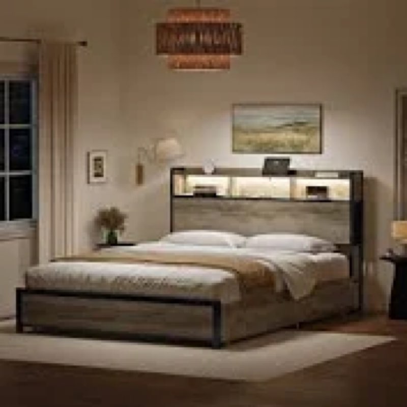 Antioch Bed Frame with 2 Underbed Drawers & 2 Bedside Drawers, Modern Bed with Charging Station & LED Light