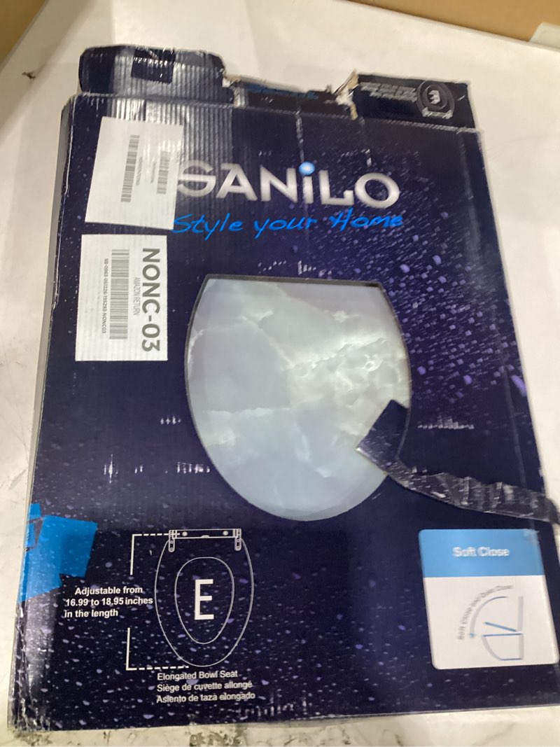 Condition photo showing As Is for sanilo wooden toilet seat with quick release & soft close [elongated] decorative & slow close molded wood seat - with one click for easy installation & cleaning - with adjustable fit (marble italia)