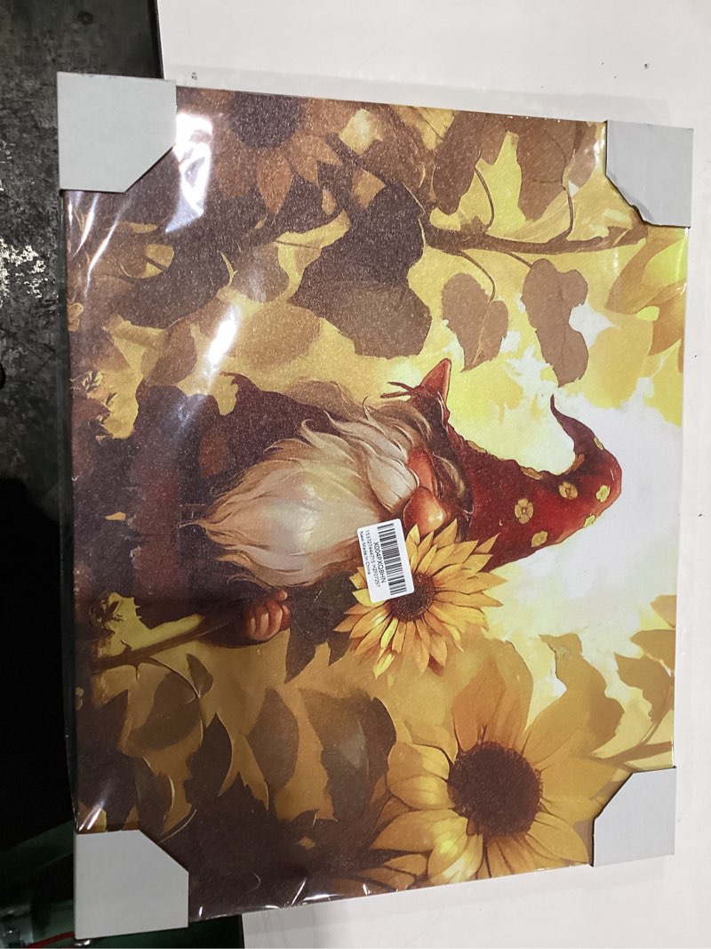 Condition photo showing New/Like New for Fall Canvas Wall Art - Cute Sunflower Gnome Oil Painting Design - Modern Wall Decor Gallery Canvas Wraps Giclee Print Stretched and Framed Ready to Hang - 16" x 20" 20L" x 16W" Yellow
