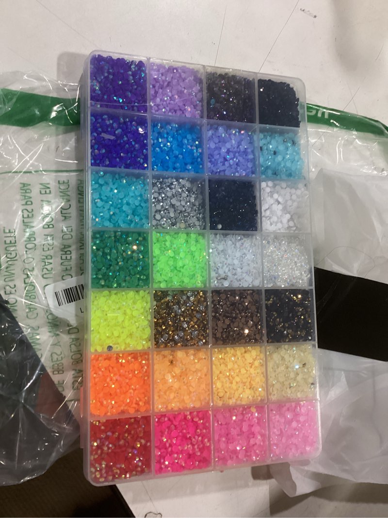 Condition photo showing Good Condition for 34000Pcs Resin Rhinestones with 3Pcs B7000 Jewelry Glue for Crafting, Multicolors 3mm Non Hotfix Flatback Gems, Bedazzling Crystal for DIY Crafts Clothing Tumblers Mugs Shoes Fabric Decor Nail Art Jelly Multicolored 3mm X-Large Pack + 3Pcs Glue