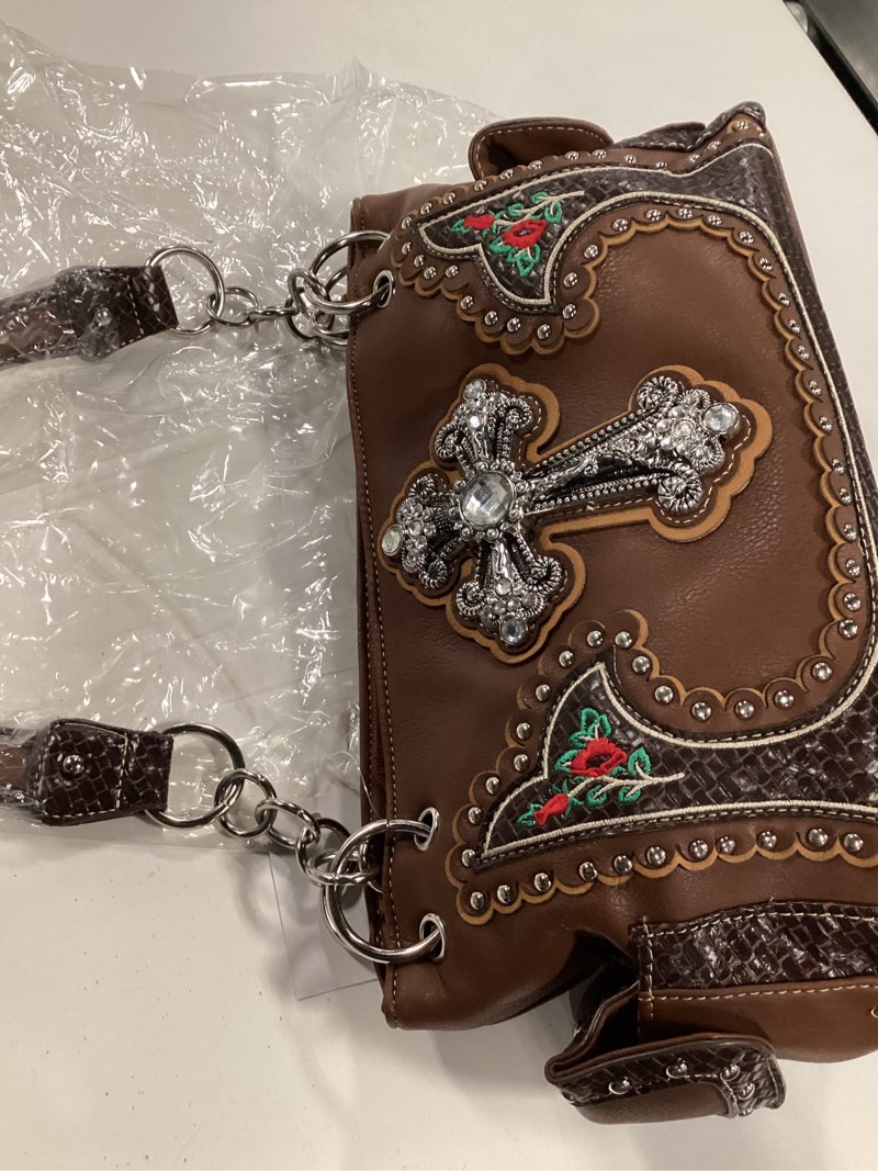 Condition photo showing Good Condition for rhinestones & studs cross handbag concealed carry purse motorcycle religious bag