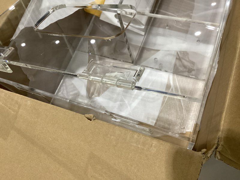 Condition photo showing As Is for damaged add-on sanitizing station - cta add-on acrylic station with 3 locking sections for gloves - masks -