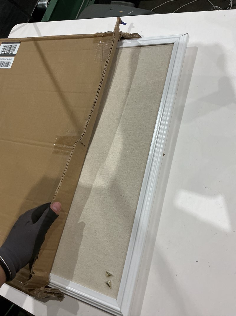 Condition photo showing As Is for u brands bulletin board, 18 x 24 inch linen fabric pin board, farmhouse white wood style frame, wall message center & vision board for farmhouse decor, home office, classroom, includes push pins 24"x18" natural linen
