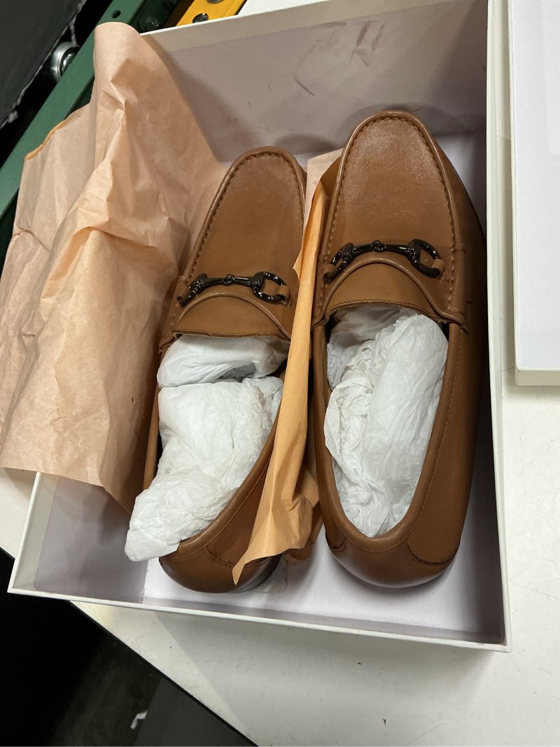 Condition photo showing New/Like New for calfskin leather horsebit loafer, 12, tan