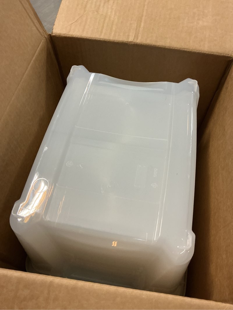 Condition photo showing As Is for IRIS USA 19 QT Plastic Storage Box with Lid and Latches - 6 Pack - BPA-Free, See-Through Organizing Solution, Durable Nestable Stackable Containers, Secure Pull Handle - Clear Clear 19 Qt 6 Pack