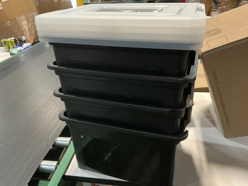 Condition photo showing As Is for iris file box file organizer plastic file box for letter/legal file  bpa-free plastic storage bin tote organizer with durable and secure latching lid  stackable and nestable  black 35 qt. 4pack
