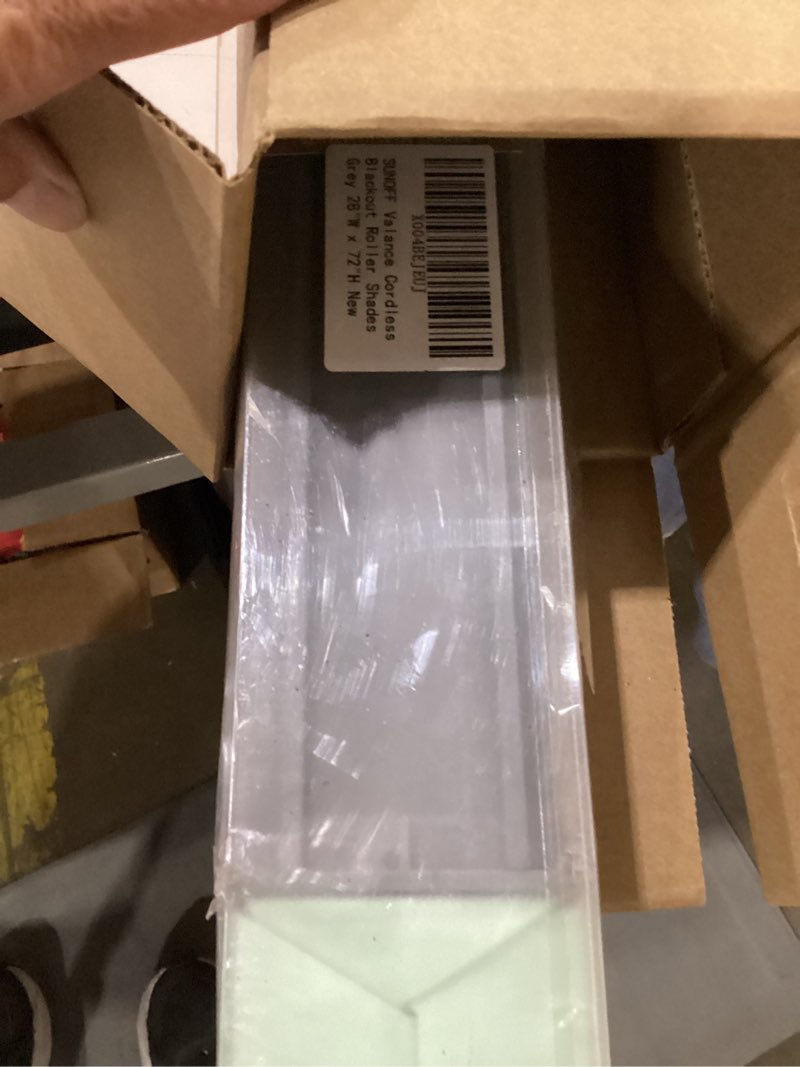 Condition photo showing New/Like New for sunoff cordless blackout roller shades blinds for windows free-stop,pull down room darkening with valance,thermal insulated woven fabric window door blinds for home,office,grey 28" w x 72" l 28"w x 72"h grey