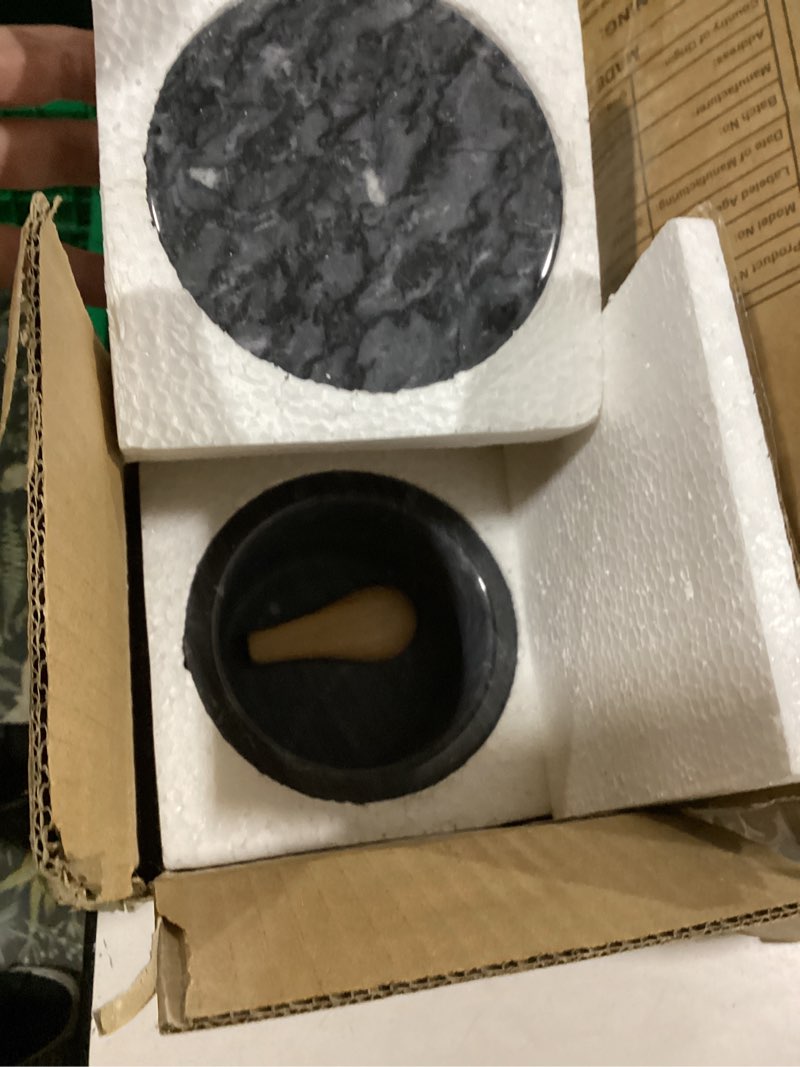 Condition photo showing New/Like New for hillspring marble salt cellar with lid and wooden spoon, 4" handcrafted spice pepper herbs box, kitchen storage container, black, 1 pack