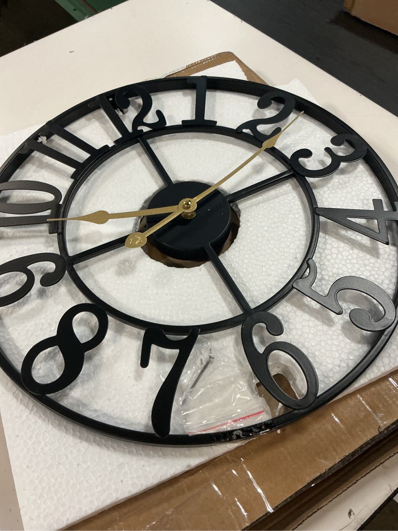 Condition photo showing Good Condition for leike large wall clocks,silent,non ticking,battery operated rustic round modern big metal wall clock for living room, bedroom,kitchen,farmhouse,office,home decor-16 inch(black-arabic number) 16 in black metal-arabic number
