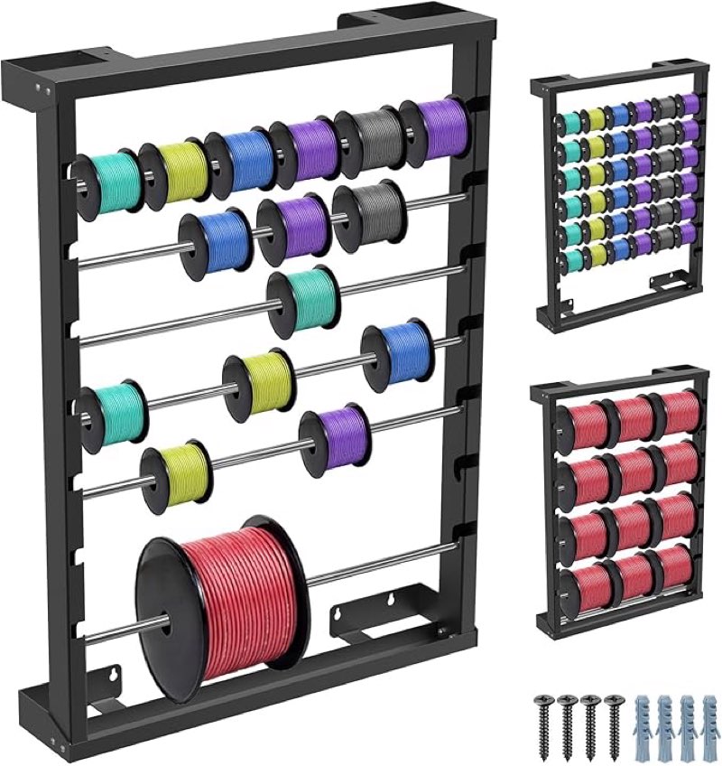 SELEWARE Heavy Duty Wall-Mounted Wire Spool Rack – Cable Reel Holder and Dispenser with 6 Adjustable Stainless Steel Rods for Industrial, Electrical, and Retail Storage and Display (Black)