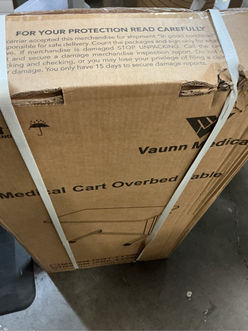 Condition photo showing New/Like New for vaunn medical adjustable overbed bedside table with wheels (hospital and home use) black