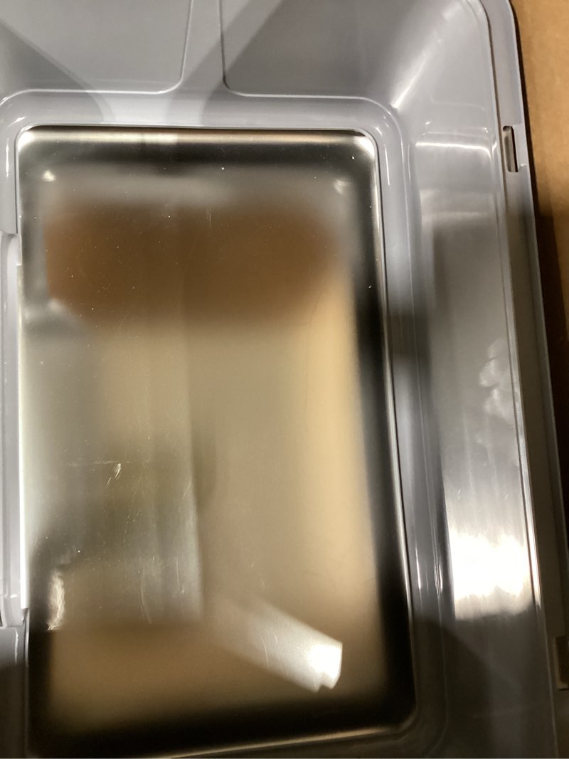 Condition photo showing New/Like New for Stainless Steel Cat Litter Box with Lid, 23.7" L x 15.8" W x 13.8" H XL Metal Kitty Litter Box for Big Cats, High Sided Enclosure, Non-Sticky, Anti Urine Leakage, Easy Cleaning Grey