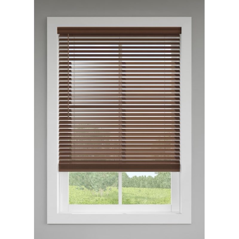 levolor trim+go 33-3/4x64in 2.5" faux wood blind walnut brown 929659