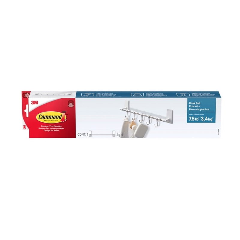 Command Bath Multi-Hook Rod, White & Nickel, 1 Rod, 5 Hooks, 4 Large Strips, Holds 7.5 lbs