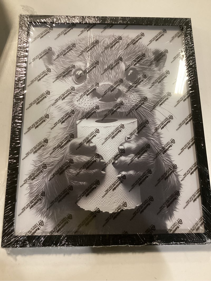 Condition photo showing New/Like New for Minimalist bathroom wall decor, Otter wall art for grabbing toilet paper, hilarious, funny bathroom animal art, black and white canvas print painting can be hung directly - frame -11 "x 14" 14"L x 11"W Raccoon