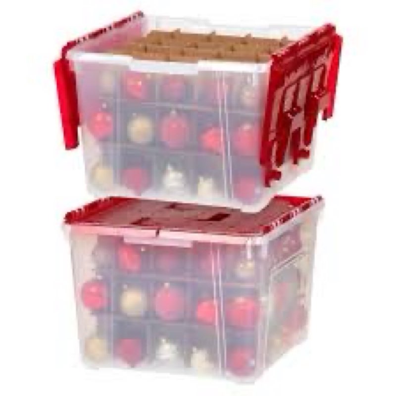 iris usa ornament storage box with attached lid, stores 75 ornaments per bin, 2-pack, stackable dura