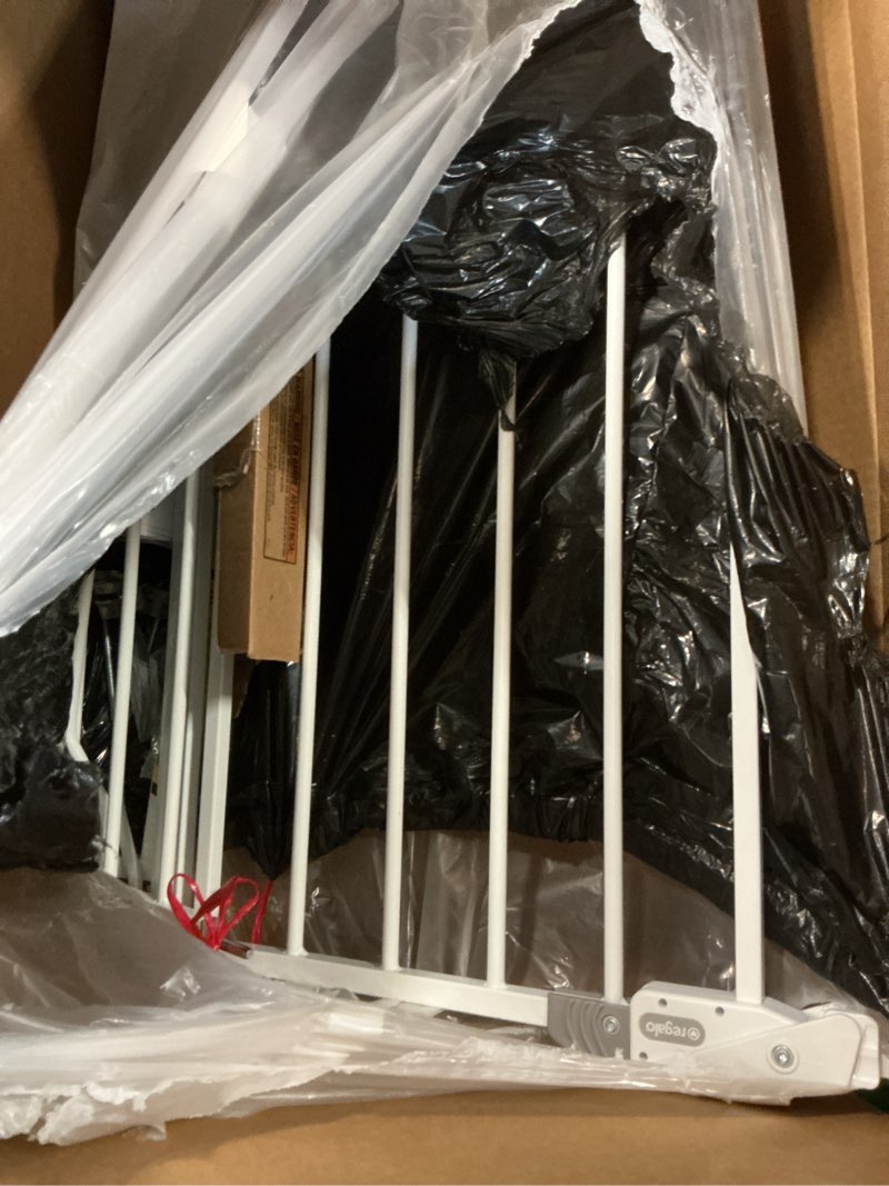 Condition photo showing As Is for regalo safety 38" baby gate for doorways & bottom of stairs, pressure mount design for babies, toddlers & pets, tested & safe for 30 years, american designed, american owned, white white 29-38.5"w x 30"h