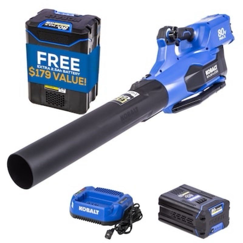 Kobalt 80v 630-CFM 140-MPH Cordless Battery Handheld Leaf Blower with (2) 2.5-Ah Batteries and Charger Included