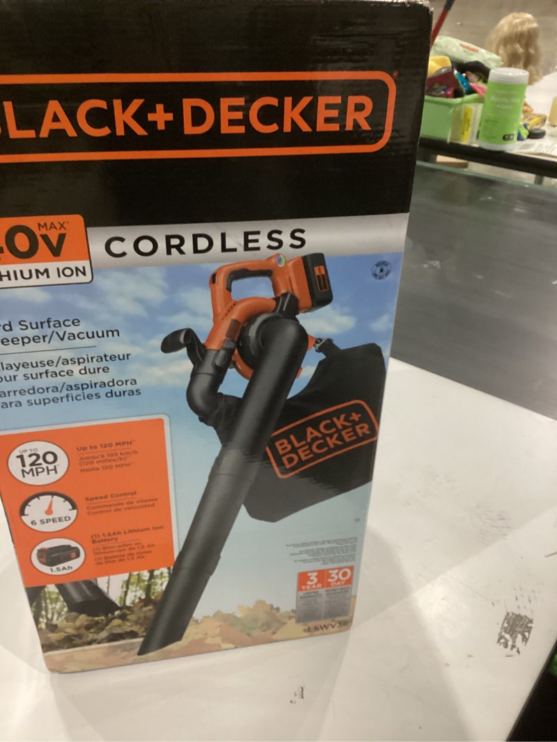 Condition photo showing As Is for BLACK+DECKER Leaf Blower Cordless Leaf Vacuum and Mulcher Combo Kit, Battery and Charger Included, 40V 120 mph Air Speed, 6-Speed Dial, Built-in Scraper with Collection Bag (LSWV36)