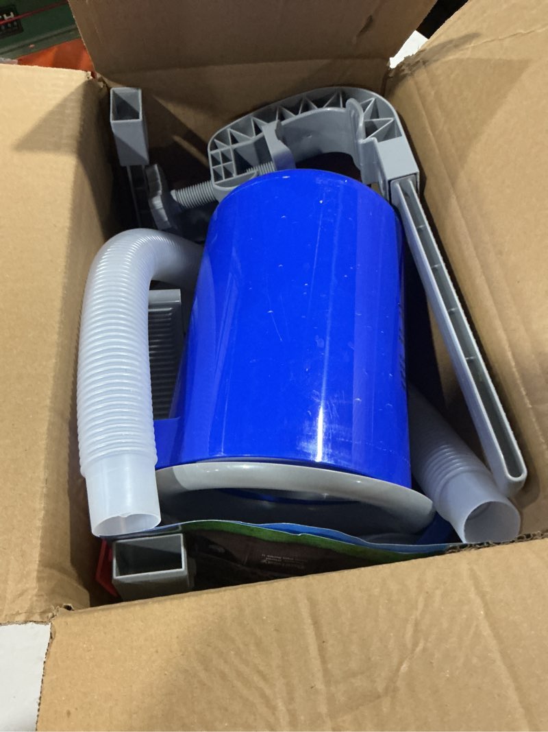 Condition photo showing As Is for above ground pool skimmer with 5 skimmer socks, wall mount surface skimmer with hose & basket, compatible with intex pools, adjustable floating filter, automatically removes leaves & debris