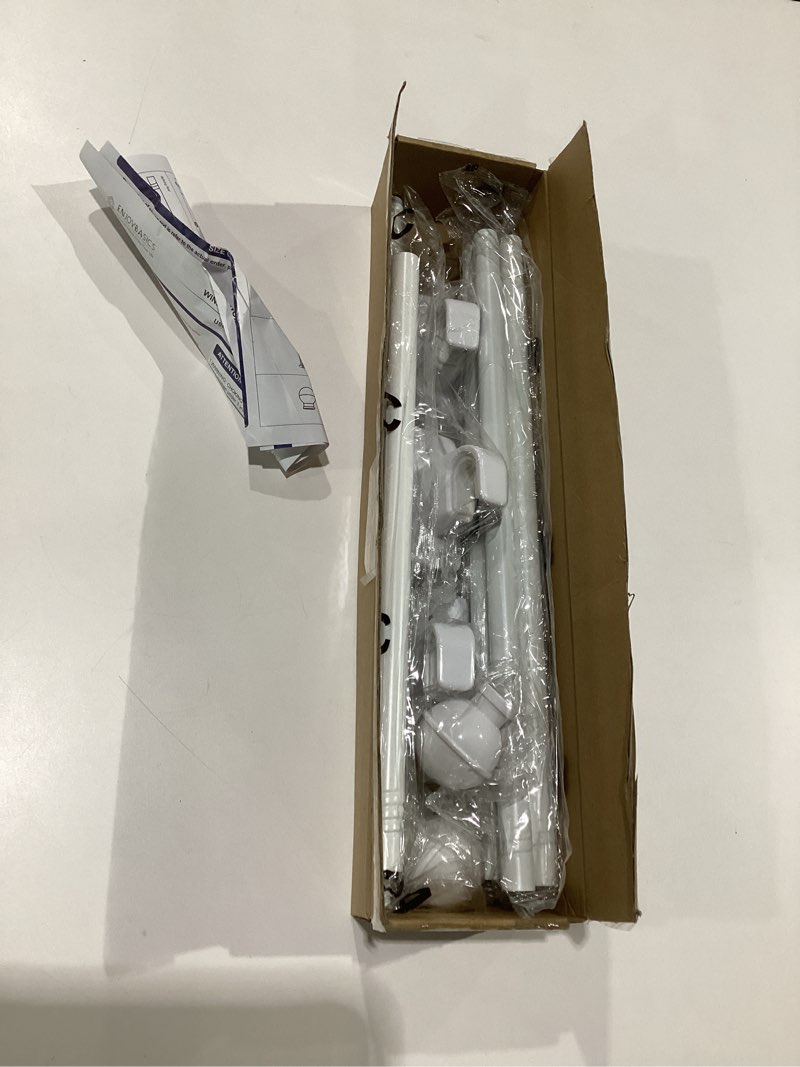 Condition photo showing New/Like New for enjoybasics no drill curtain rods for window 48 to 84 inches, 5/8 inch diameter renter friendly drapery rod with adhesive brackets without drilling, adjustable from 27 to 90 inches, white white 27-90"