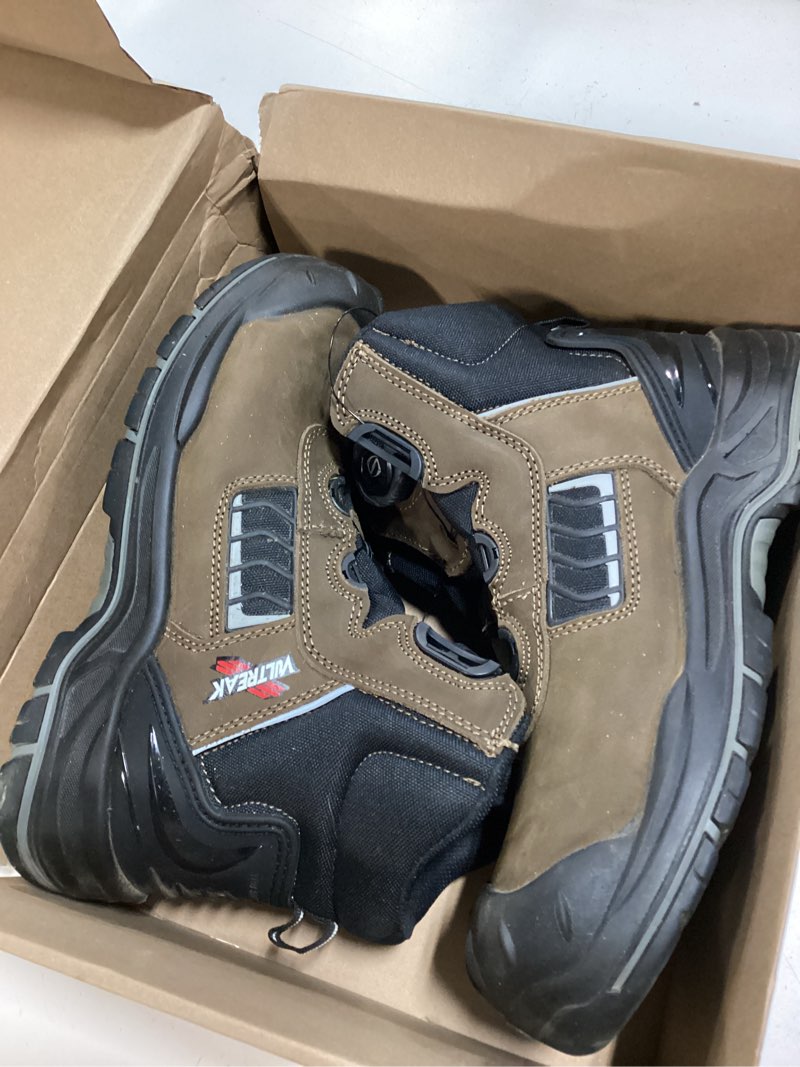 Condition photo showing As Is for composite toe work boots for men and women – exceeds steel toe protection, quick fit system, kevlar puncture-resistant midsole, s3 hro certified, heat-resistant, waterproof, rubber slip-resistant outsole, safety shoes for industrial & welding use 12 women/10 men lightbrown