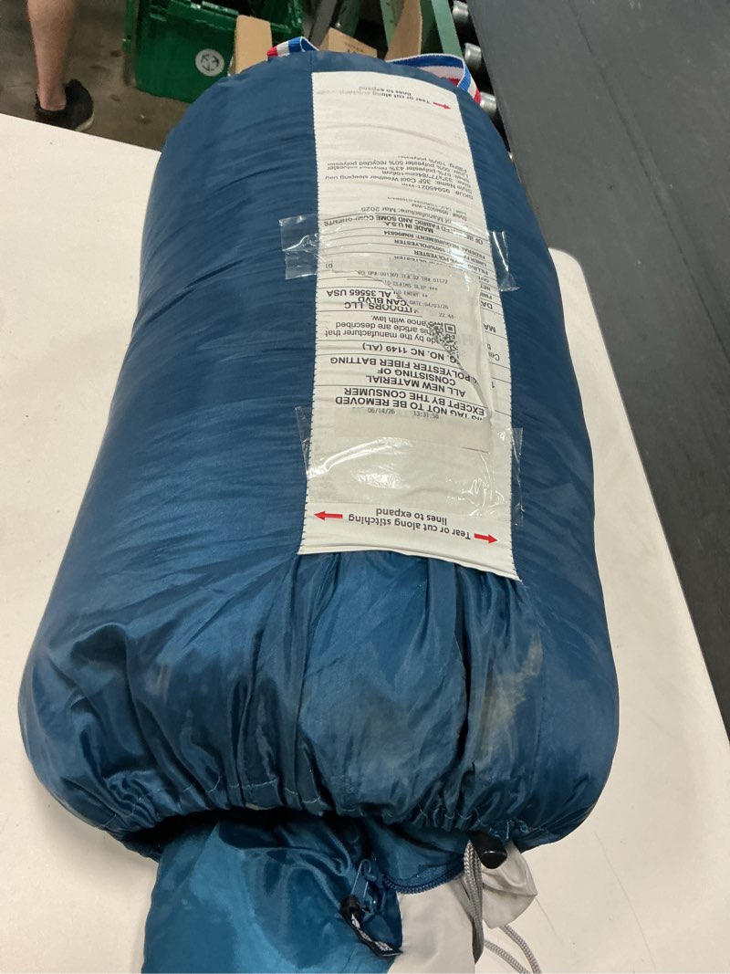 Condition photo showing As Is for ozark trail 35°f cool weather rectangular sleeping bag with recycled polyester and zip shield