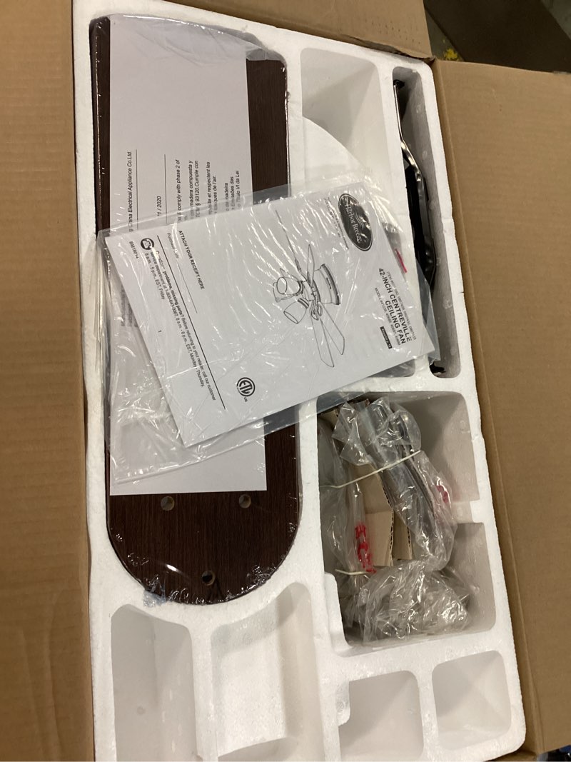 Condition photo showing As Is for harbor breeze centreville 42-in brushed nickel with nutmeg/cocoa blades led indoor flush mount ceiling fan with light (5-blade)