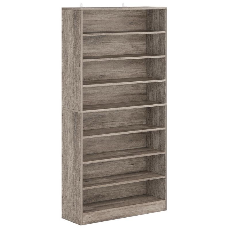 9 shelf grey wooden bookshelf