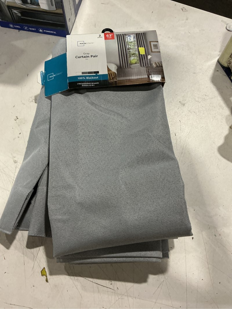 Condition photo showing As Is for mainstays gray solid blackout rod pocket with back tabs curtain panel pair  set of 2  30  w x 63  l
