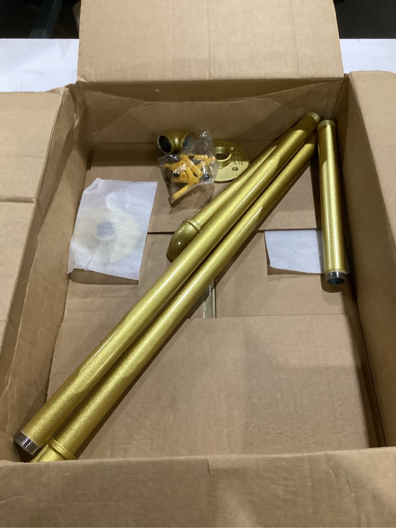 Condition photo showing As Is for 48” gold wall mounted clothes rack, industrial pipe iron garment bar, heavy-duty detachable clothing rod, multi-purpose metal wall display hanging pole for closet storage, laundry room 2 base 48'' 1 pcs, gold