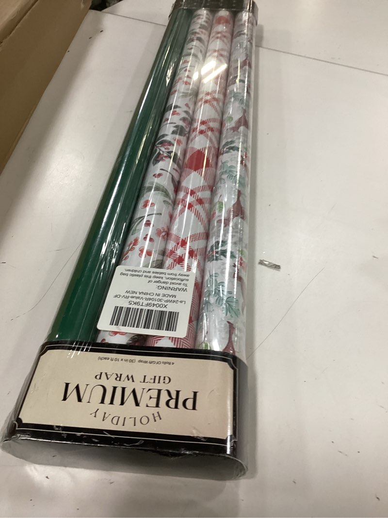 Condition photo showing New/Like New for LaRibbons Christmas Wrapping Paper Set, Holiday Jumbo Gift Wrap Rolls featuring Classic Deer, Red & White Plaid and Berries Designs, Perfect for Christmas Parties, Presents & Decorations, 30 inch x 10 feet Each, 4 Rolls Total Christmas-Berries