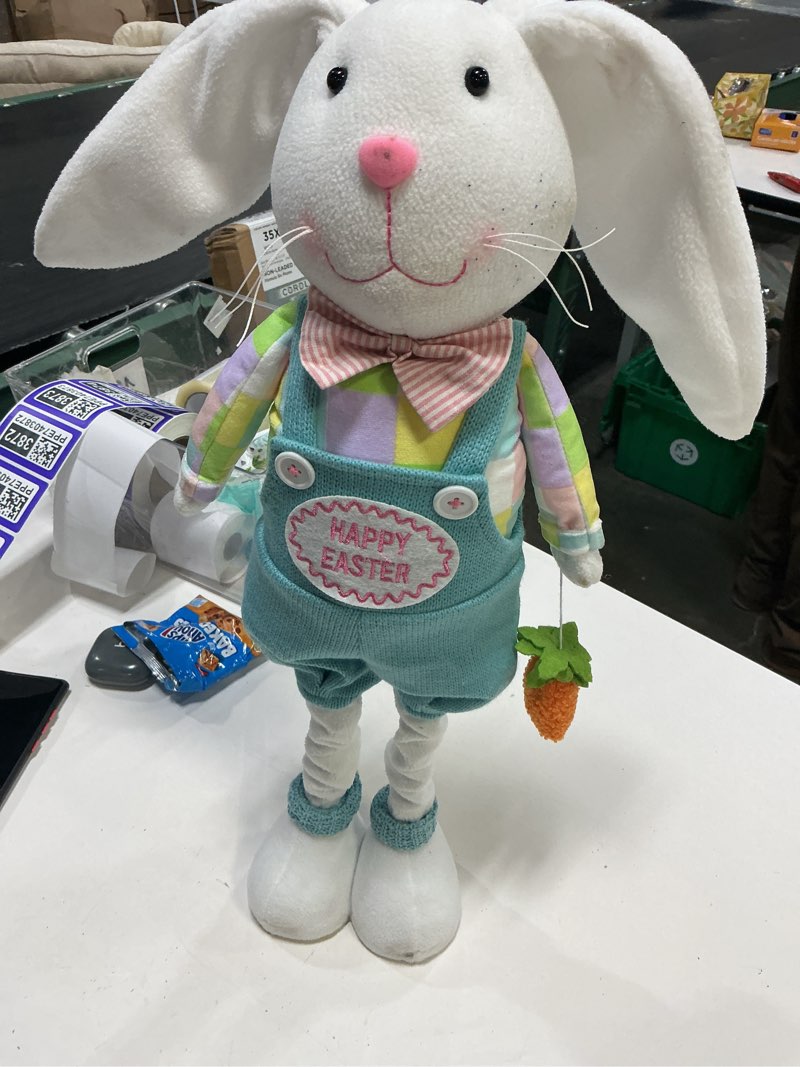 Condition photo showing As Is for standing easter bunny decor with stretchable legs large rabbits gnome figurine easter decorations for home office front door kitchen farmhouse spring ornament (blue)