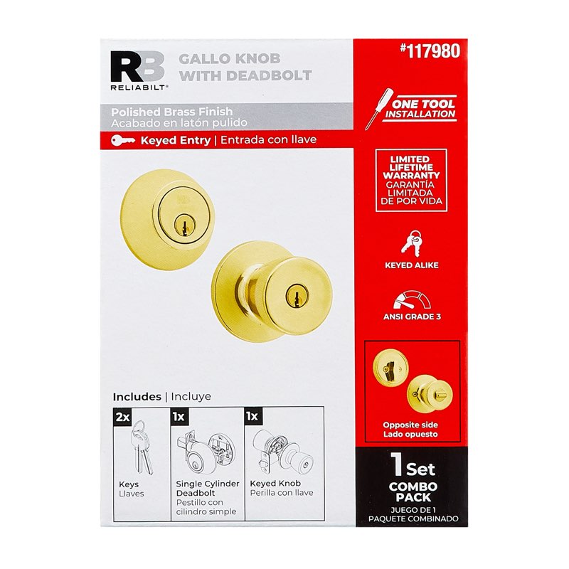 reliabilt gallo polished brass exterior single-cylinder deadbolt and keyed entry door