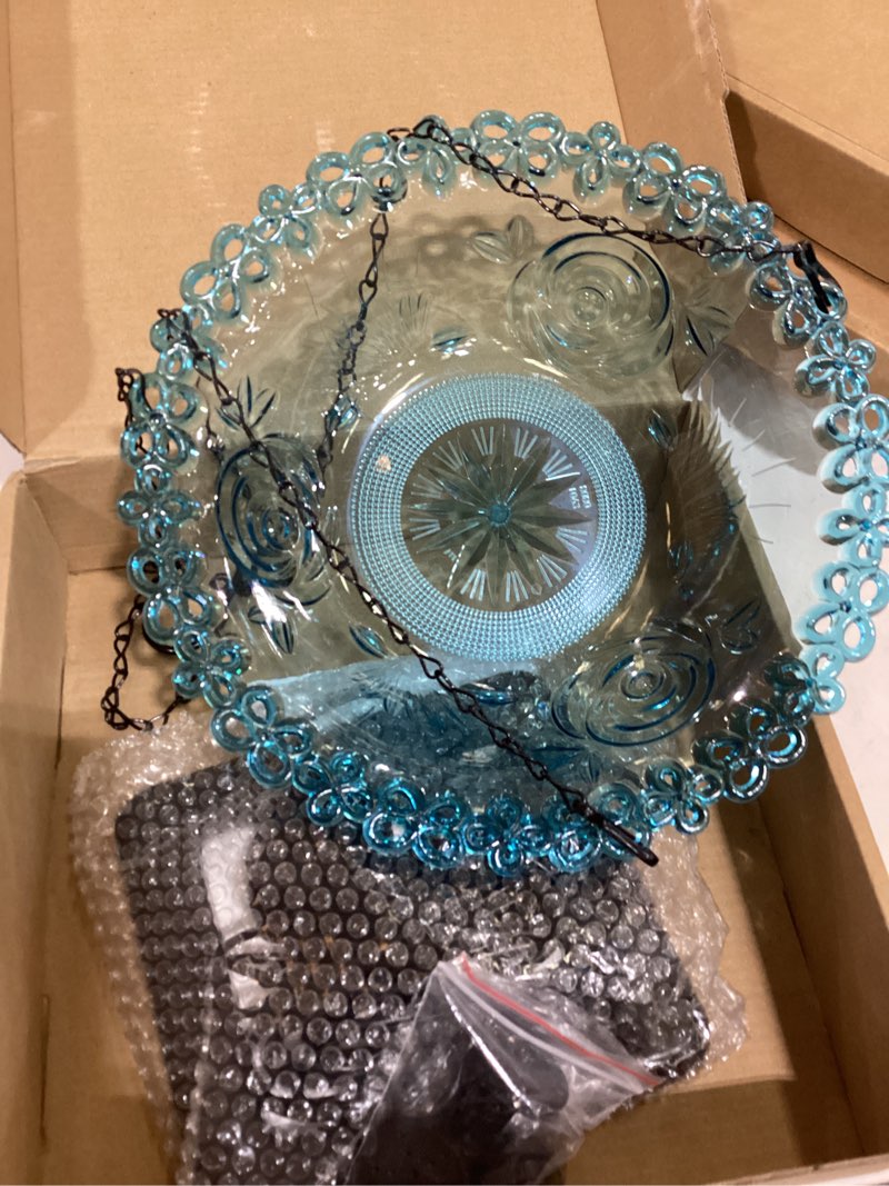 Condition photo showing Good Condition for solar hanging bird bath fountain - 5 spray heads, 16.4ft cord, 9.4" blue bowl with metal chain, solar powered bubbler for outdoor deck, patio, yard, lawn, attracts hummingbirds