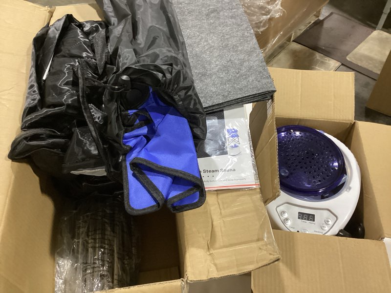 Condition photo showing As Is for Upgraded Sauna Box for Relaxation, Detoxification, Portable Sauna for Home with Steamer, Remote Control, Folding Chair, 9 Levels, 2.6’ x 2.6’ x 5.9’ Black