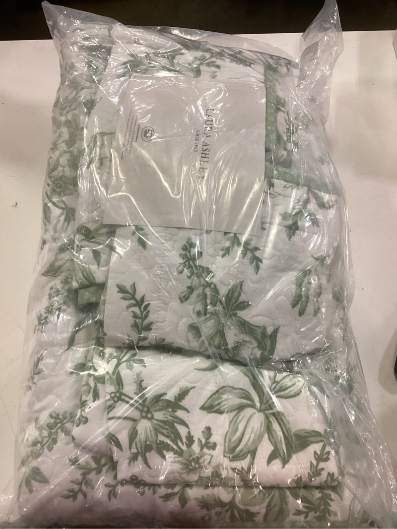 Condition photo showing New/Like New for laura ashley - queen quilt set, soft & reversible cotton floral bedding with a medium weight feel, 3 piece bed set with matching pillowcases (bedford green/off-white) queen bedford green/off-white