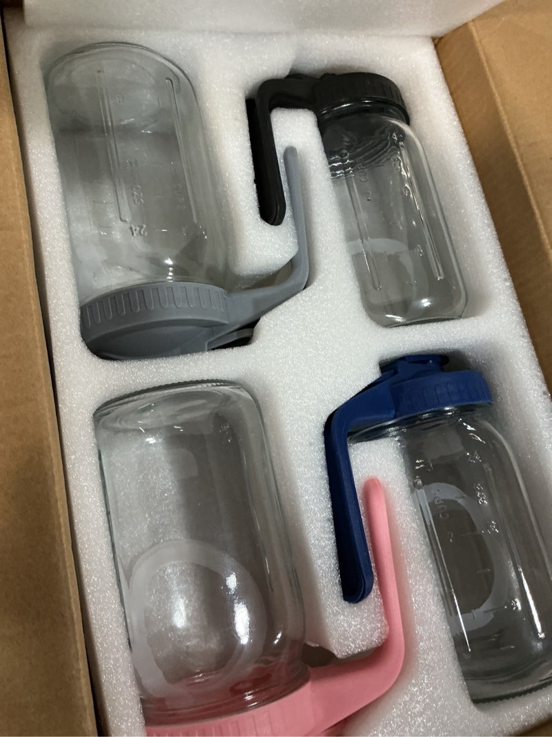 Condition photo showing New/Like New for 4 pack 32oz glass pitcher with lid, double leakproof glass mason jar pitcher with pour spout lid, 1 quart, wide mouth storage container for breastmilk, sun tea, juice, cold brew coffee, water