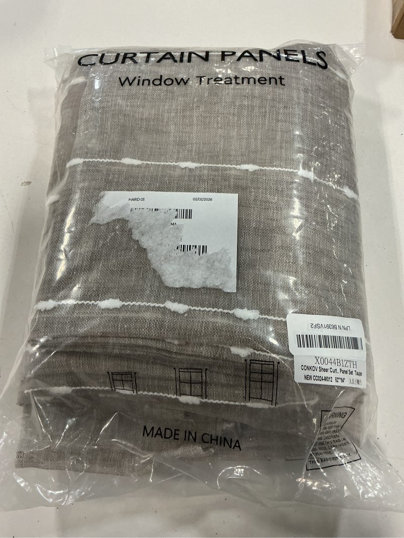 Condition photo showing New/Like New for Taupe Sheer Curtains 84 Inches Long for Living Room 2 Panels Set,Flax Linen Farmhouse Curtains Neutral Boho Style White Embroidered Striped Drapes for Bedroom Dining Room Window, 52" W X 84" L 52"W x 84"L (Pack of 2) Taupe