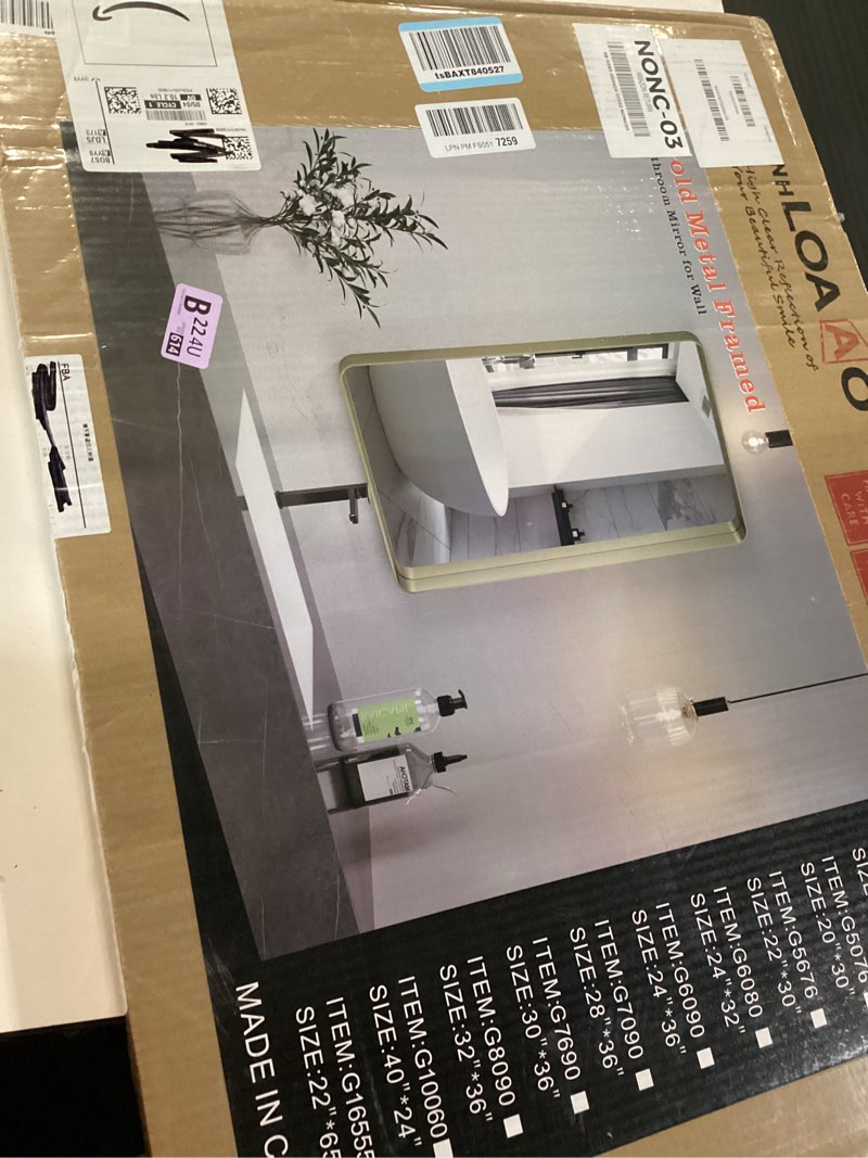 Condition photo showing New/Like New for loaao 20”x30” gold bathroom mirror, rounded rectangle gold frame mirror, brushed gold bathroom vanity mirror wall-mounted, anti-rust, hangs horizontally or vertically gold 20"l x 30"w