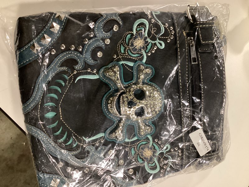 Condition photo showing Good Condition for western style tote bag w/ rhinestone stones skull charm - black