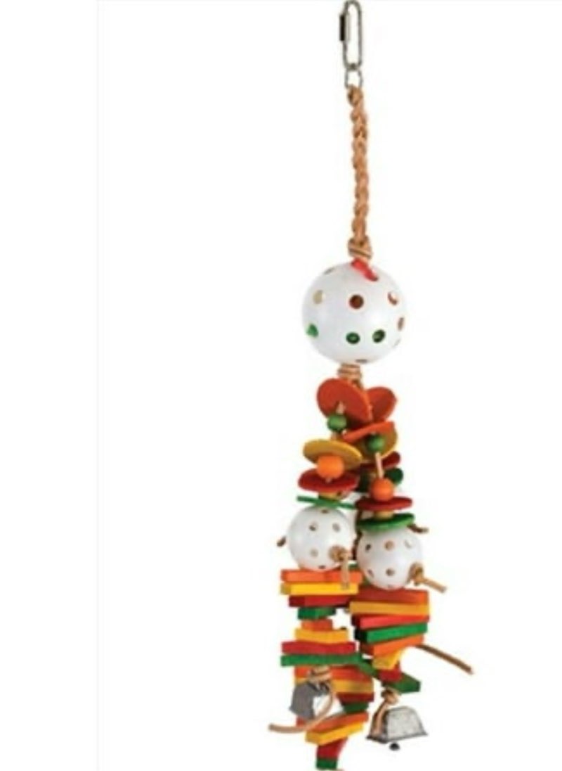 Caitec has been leading the way in pet product innovation by offering pet owners a wide range of high-quality  affordable pet products for more than two decades  by focusing on product design  value  and quality product line. Caitec is proud to be creating innovations in pet care for a better way of life. Combination destructible and indestructible toy. Vibrantly colored wood pieces and leather strands for chewing up. Plastic whiffle balls for chewing on. The combination keeps birds busy for hours. Includes two bells for added fun. Measures: 4  x 19 .- SKU: CTCP330