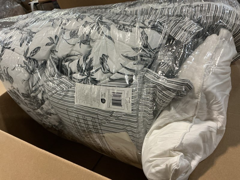 Condition photo showing Good Condition for Laura Ashley - King Comforter Set, Reversible Cotton Bedding, Includes Matching Shams with Bonus Euro Shams & Throw Pillows (Amberley Black/White, King) Amberley Black/White King