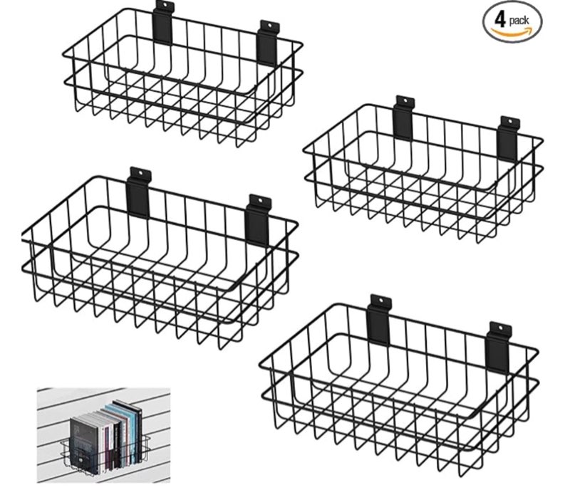 MQKIWAO 4 Pack Slatwall Baskets Set, Heavy Duty Slatwall Baskets, Metal Slat Wall Shelves Accessorie