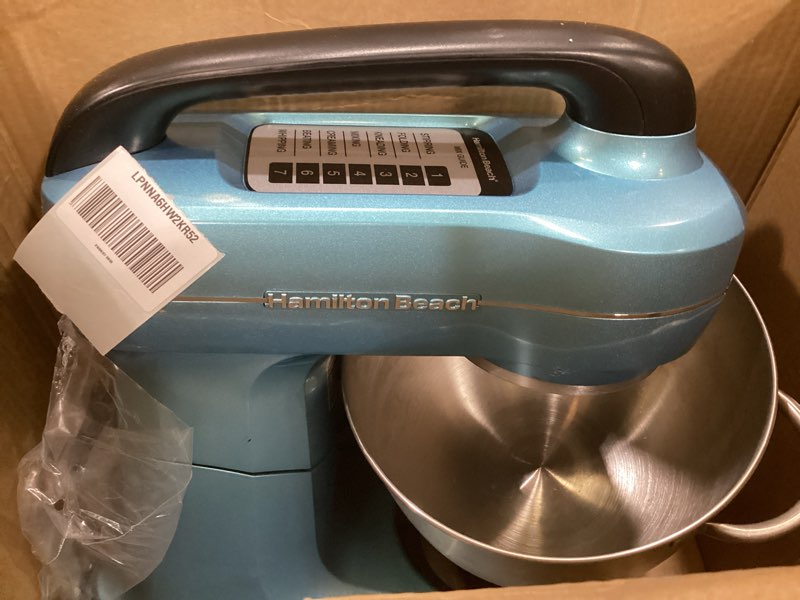 Condition photo showing As Is for hamilton beach electric stand mixer, 4 quarts, dough hook, flat beater attachments, splash guard, 7 speeds with whisk, easy-carry top handle, blue blue 4 quarts