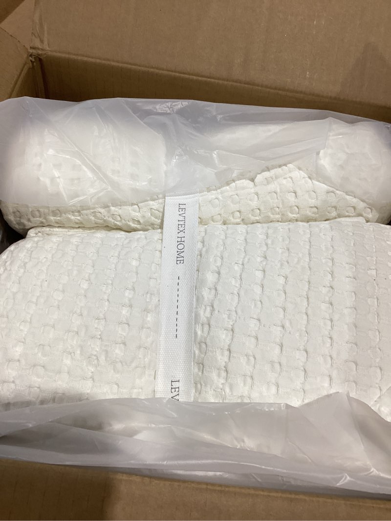 Condition photo showing Good Condition for levtex home mills waffle king bedspread set (122x106in) with 2 pillow shams (36x20in) - cream - cotton waffle king size bedspread set - soft, pre-washed king bedspread cream