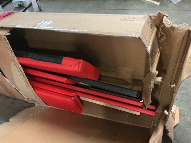 Condition photo showing As Is for boyd sleep napoli red vegan leather queen size fully upholstered platform bed frame with adjustable headboard - qualified box spring or foundation required for use red queen faux leather